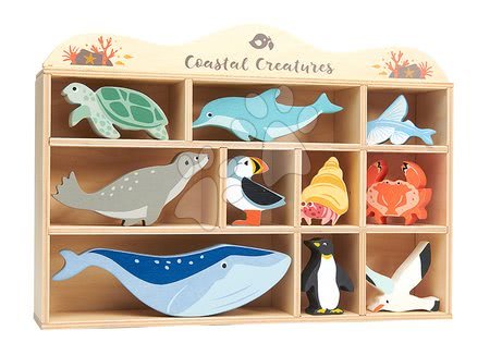 Drevené didaktické hračky - Drevené morské zvieratá na poličke 10 ks Coastal set Tender Leaf Toys