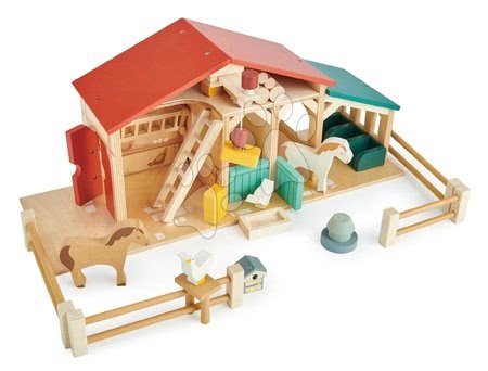 Dřevěné hračky Tender Leaf Toys - Dřevěná farma s ohradou Tender Leaf Toys Farm s domácími zvířátky a jejich chlívky