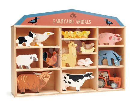 Dřevěné didaktické hračky - Dřevěná domácí zvířata na poličce 13 ks Farmyard set Tender Leaf Toys