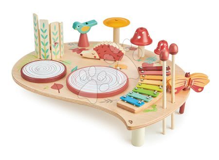 Drevené didaktické hračky - Drevený hudobný stôl Musical Table Tender Leaf Toys s bubnami xylofónom píšťalkou