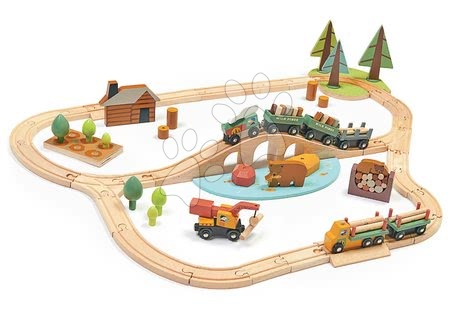 Tender Leaf Toys - Fa vonatpálya fenyves erdőben Wild Pines Train set Tender Leaf Toys vonattal és munkagépekkel állatkákkal és természettel