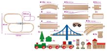 Holzeisenbahnen und Bahngleise - Holz-Eisenbahn Train Set with Bridge Eichhorn mit Lokomotive 2 Waggons, Brücke und Zubehör 55 Teile 500 cm Schienenlänge_0