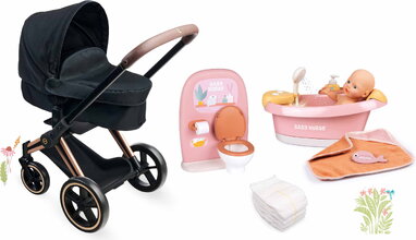 Set kočík trojkombinácia pre bábiku v kúpelni Cybex Black 3in1 Pram Corolle s vaničkou s funkčnou sprchou a plienkami