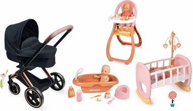 Set kočík trojkombinácia pre bábiku v jedálni Cybex Black 3in1 Pram Corolle s jedálenskou stoličkou vaničkou a kolískou