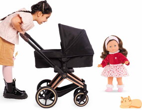 Set kočík trojkombinácia s bábikou Perle Cybex Black 3in1 Pram Corolle s hnedými vlasmi a klipkajúcimi očami