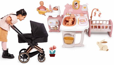 Set kočík trojkombinácia pre bábiku Cybex Black 3v1 Pram Corolle s domčekom kuchynka spálňa a kúpeľňa