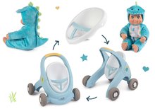 Detské chodítka - Set chodítko a kočík s brzdou Croc Baby Walker Minikiss 3in1 Smoby a bábika dino 30 cm so zvukom_3