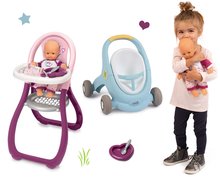 Kompleti za najmlajše - Komplet sprehajalček in voziček z zavoro Croc Baby Walker Minikiss 3in1 Smoby in stolček za hranjenje z dojenčkom_3