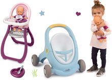 Zestawy dla najmłodszych - Zestaw chodzik i wózek z hamulcem Croc Baby Walker Minikiss 3w1 Smoby i krzesełko do karmienia z lalką_2