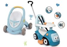 Otroški sprehajalčki - Komplet sprehajalček in voziček z zavoro Croc Baby Walker Minikiss 3in1 Smoby in moder poganjalec z naslonom_3