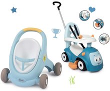 Otroški sprehajalčki - Komplet sprehajalček in voziček z zavoro Croc Baby Walker Minikiss 3in1 Smoby in moder poganjalec z naslonom_2