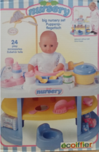 Domčeky pre bábiky - Prebaľovací stôl pre bábiku Nursery Écoiffier s kuchynkou s 24 doplnkami modro-biely od 18 mes_2