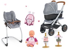 Vozički za punčke in dojenčke kompleti - Komplet voziček športni in globoki DeLuxe Pastel Maxi Cosi&Quinny Grey 3v1 Smoby in stolček avtosedež in gugalnik z dojenčkom in nosilko ter 2 oblekici_0