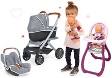 Vozički za punčke in dojenčke kompleti - Komplet globoki in športni voziček DeLuxe Pastel Maxi Cosi&Quinny Grey 3v1 Smoby in avtosedež in stolček za hranjenje in dojenček Violette_1