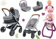 Vozički za punčke in dojenčke kompleti - Komplet globoki in športni voziček DeLuxe Pastel Maxi Cosi&Quinny Grey 3v1 Smoby in avtosedež in stolček za hranjenje in dojenček Violette_0
