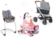 Vozički za punčke in dojenčke kompleti - Komplet globoki in športni voziček DeLuxe Pastel Maxi Cosi&Quinny Grey 3v1 Smoby in stolček avtosedež in gugalnica s centrom nege_0
