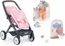 Zestaw wózek i łazienka dla bliźniaków Powder Pink Maxi Cosi&Quinny Smoby z funkcjonalnym prysznicem, toaletą i akcesoriami