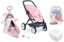 Zestaw wózek i kuferek przewijak Powder Pink Maxi Cosi&Quinny Smoby dla bliźniaków oraz toaleta z łazienką i pieluszki