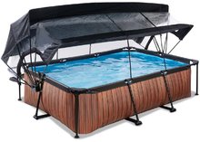 Obdélníkové bazény  - Bazén se stříškou krytem a filtrací Wood pool Exit Toys ocelová konstrukce 220*150*65 cm hnědý od 6 let_0