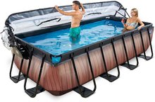 Bazény obdĺžnikové - Bazén s krytom a pieskovou filtráciou Wood pool Exit Toys oceľová konštrukcia 400*200*100 cm hnedý od 6 rokov_0
