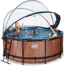 Bazény kruhové - Bazén s krytom a pieskovou filtráciou Wood pool Exit Toys kruhový oceľová konštrukcia 360*122 cm hnedý od 6 rokov_0