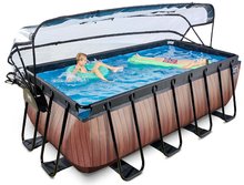 Bazény obdĺžnikové - Bazén s krytom pieskovou filtráciou a tepelným čerpadlom Wood pool Exit Toys oceľová konštrukcia 400*200*122 cm hnedý od 6 rokov_0