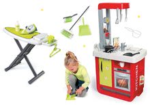 Kuhinje za otroke kompleti - Komplet elektronska kuhinja Bon Appetit Red&Green Smoby z zvoki in čistilni set z likalno desko in likalnikom_24