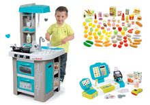 Kuchnia dla dzieci zestawy - Zestaw kuchnia Tefal Studio Bubble Smoby turkusowa, elektroniczna z magicznym bulgotaniem i kasa z dźwiękiem i światłem oraz 100 szt  produkt_27
