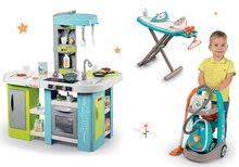 Kuchyňky pro děti sety - Set kuchyňka elektronická Tefal Studio XL Bubble Smoby s bubláním a úklidový vozík s vysavačem a žehlicím prknem_29