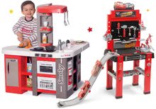 Bucătărie pentru copii seturi - Set bucătărie electronică de jucărie Tefal Studio 360° XXL Bubble Smoby de culoarea morcovului și atelier de lucru Mașini 3 cu rampă și lansator cu mașinuță_66
