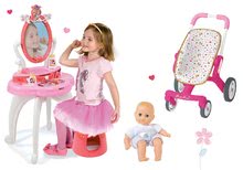 Kozmetične mizice kompleti - Komplet kozmetična mizica 2v1 Princeske Smoby in voziček z vrtljivimi kolesi in dojenček_12
