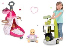 Igre v gospodinjstvu - Komplet čistilni voziček z vedrom Clean Smoby sesalnik in previjalni voziček z dojenčkom zeleni_18