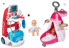 Orvosi kocsi szettek - Szett orvosi kocsi elektronikus Medical Smoby és pelenkázó kocsi kisággyal és játékbabával és ruhával_15