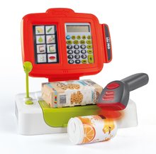 Obchody pro děti - Pokladna elektronická s kalkulačkou Large cash Register Smoby červená s váhou terminálem a čtečkou kódů s 30 doplňky_4