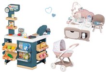 Obchody pre deti sety - Set obchod elektronický s váhou a skenerom Super Market a domček pre bábiky Smoby elektronický s dennou a nočnou zónou a hlboký kočík_0