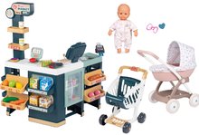 Kinderladen-Sets - Set laden elektronisch mit gemischten Waren mit Kühlschrank Maxi Market und ein tiefer Kinderwagen Smoby mit Textilbezug und 32 cm großer Puppe_0