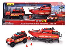 Spielzeugautos - Feuerwehrauto mit Anhänger und Schiff Land Rover Fire Rescue Majorette Metall mit Ton und Licht, Länge 22 cm_0