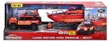 Autíčka - Autíčko hasičské s prívesom a loďou Land Rover Fire Rescue Majorette kovové so zvukom a svetlom dĺžka 33,5 cm_1