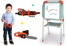 Set magnetická tabuľa a pracovný opasok Evolutiv Smoby obojstranná s kovovou konštrukciou s 80 doplnkami a motorová píla