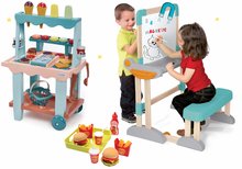 Set drevená lavica Modulo Space s obojstrannou tabuľou Smoby a zmrzlinársky stánok s hamburgermi