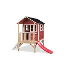Drewniane domki - Domček cédrový na pilieroch Loft 300 Red Exit Toys s vodeodolnou strechou a šmykľavkou červený_0