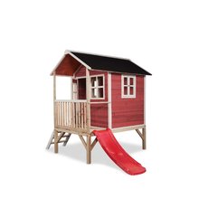 Cabanes en bois - Maisonnette en cèdre sur pilotis Loft 300 Red Exit Toys rouge avec une toiture étanche à l'eau et un toboggan_1