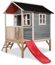 Cabanes en bois - Maisonnette en cèdre sur pilotis Loft 300 Grey Exit Toys grise avec une toiture étanche à l'eau et un toboggan_1