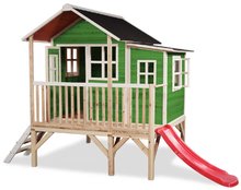 Drevené domčeky - Domček cédrový na pilieroch Loft 350 Green Exit Toys veľký s vodeodolnou strechou a šmykľavkou zelený_0