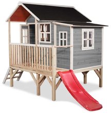 Drevené domčeky - Domček cédrový na pilieroch Loft 350 Grey Exit Toys veľký s vodeodolnou strechou a šmykľavkou sivý_2