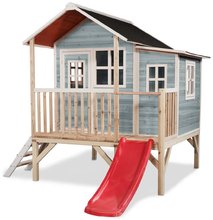 Drewniane domki - Domček cédrový na pilieroch Loft 350 Blue Exit Toys veľký s vodeodolnou strechou a šmykľavkou modrý_2