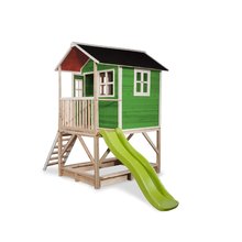 Lesene hišice - Hišica iz cedre na stebrih Loft 500 Green Exit Toys z vodoodporno streho in peskovnikom ter 1,75 m toboganom zelena_1