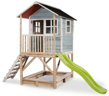 Cabanes en bois - Maison en cèdre sur les piliers Loft 500 Blue Exit Toys Avec un toit étanche, un bac à sable et une glissière de 1,75 m de couleur bleue_0