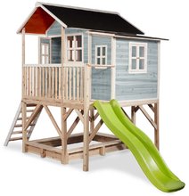 Drevené domčeky - Domček cédrový na pilieroch Loft 550 Blue Exit Toys veľký s vodeodolnou strechou pieskoviskom a 1,75 m šmykľavkou modrý_1