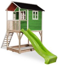 Drevené domčeky - Domček cédrový na pilieroch Loft 700 Green Exit Toys s vodeodolnou strechou pieskoviskom a 2,28 m šmykľavkou zelený_1